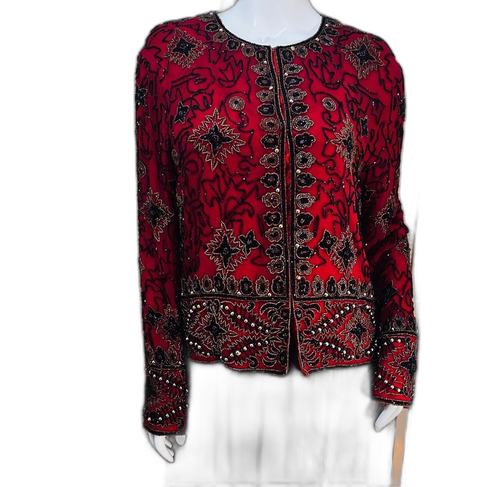 Embellished Red Women's Jacket - Elegant Beaded Coat